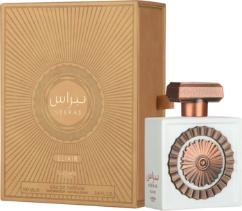 Lattafa Pride Nebras Elixir: biała butelka z miedzianym emblematem, obok złote pudełko z promieniowym wzorem.