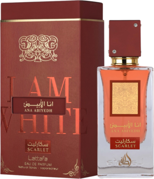 Lattafa Ana Abiyedh Scarlet perfumy w czerwonej butelce i pasującym pudełku, z pomarańczowym płynem i złotymi detalami.