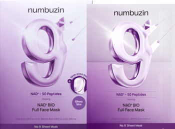 Dwa fioletowe opakowania masek Numbuzin NAD+ BIO Full Face Mask, z cyfrą 9 i napisem Glowing.