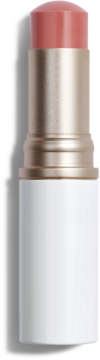 Wielofunkcyjny sztyft do makijażu, z koralową końcówką, złotą obudową i białą podstawą, widok z przodu.