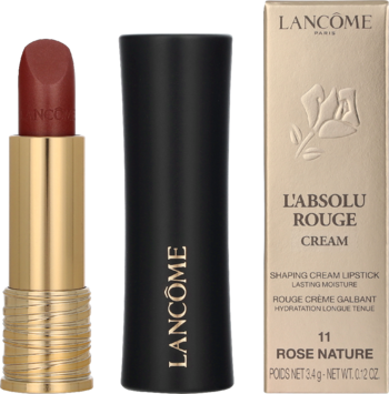 Lancôme L'Absolu Rouge Cream Rose Nature, otwarta pomadka z ciemnoróżową szminką, czarny futerał i pudełko.