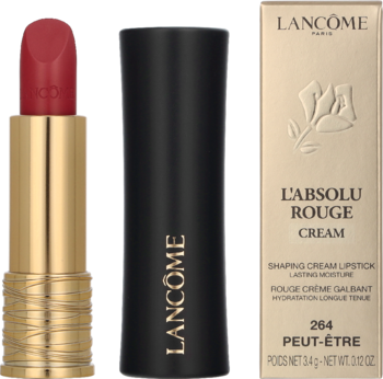 Czerwona pomadka Lancôme L'Absolu Rouge Cream 264 Peut-être, otwarta w złotej oprawie, obok zamknięta i opakowanie.