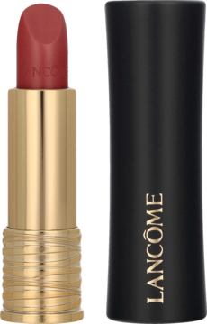 Pomadka Lancôme L'Absolu Rouge Cream Timeless Romance, otwarta, złote etui, czarna nakładka z logo.