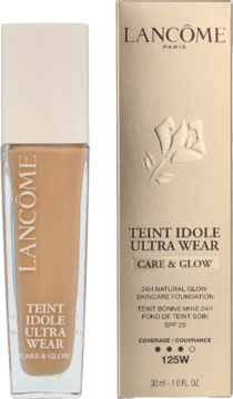 Lancôme Teint Idole Ultra Wear Care & Glow, podkład z serum SPF 25, w transparentnej butelce i złotym kartoniku.
