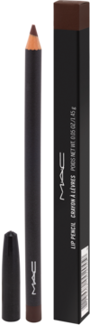MAC Lip Pencil w kolorze bordowym, naostrzony ołówek z czarnym korpusem i zdjętą zatyczką, obok pudełko.