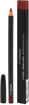MAC Lip Pencil in dark red, standing upright uncapped, with its cap and black packaging box. Front view.