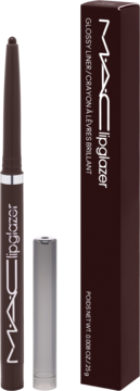 Ciemnobrązowa kredka MAC Lipglazer Glossy Liner i pasujące opakowanie kartonowe, widok z boku.