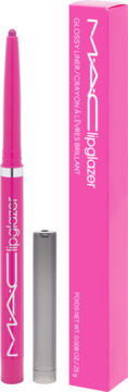 Jaskrawo różowa kredka do ust MAC Lipglazer (błyszczyk) z otwartą zatyczką i kartonowym opakowaniem.