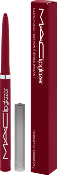 Bordowy eyeliner MAC Lipglazer z wysuniętą końcówką i stojące obok, prostokątne opakowanie Glossy Liner.