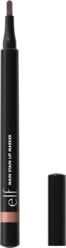 e.l.f. Main Stain Lip Marker w czarnym pisaku z brudnoróżową końcówką, obok otwarta skuwka, widok z przodu.