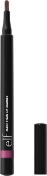 e.l.f. MAIN STAIN LIP MARKER, czarny pisak z fioletową podstawą i brązową końcówką, otwarty z nakrętką obok.