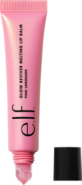 Różowa tubka e.l.f. Glow Reviver Melting Lip Balm Pink Lemonade z otwartą końcówką aplikatora i czarną nakrętką.