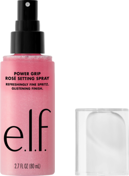 E.l.f. Power Grip Rose Setting Spray, różowa butelka z czarnym spryskiwaczem, widok z przodu, odkręcona zakrętka.