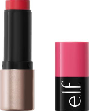 e.l.f. Cosmetics koralowo-różowy sztyft do policzków lub ust, częściowo wysunięty, obok różowa skuwka z logo.