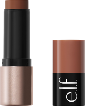 e.l.f. bronzer w sztyfcie, ciepły brąz, częściowo wysunięty. Obok czarna nakrętka z logo i brązową górą.