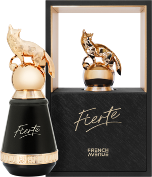 Perfumy Fierte French Avenue: czarny flakon ze złotym lisem na korku, obok otwarte pudełko z nazwą.