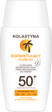Kolastyna Rozświetlający Fluid UV SPF50+ do twarzy, ultralekki, w białej butelce, widok z przodu.