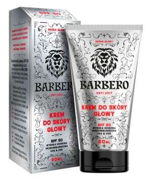 Srebrny krem do skóry głowy Barbero SPF 50 w tubce i kartoniku, logo lwa, widok z przodu pod kątem.