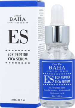 Rewitalizujące serum Cos De BAHA ES EGF Peptide Cica w przezroczystej butelce z niebieską etykietą i pudełko.