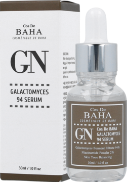 Serum Cos De BAHA GN Galactomyces 94% z niacynamidem 2%, butelka z pipetą i pudełko z brązową etykietą.