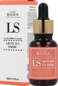Cos De BAHA LS Serum Lactic 12.5% z aloesem w brązowej butelce i pomarańczowym pudełku, widok z przodu.