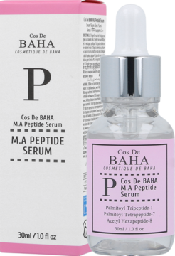 Przeciwstarzeniowe serum Cos De BAHA M.A Peptide w przezroczystej butelce z pipetą i różową etykietą, obok pudełka.
