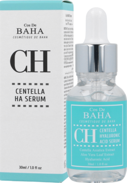 Cos De BAHA Centella Hyaluronic Acid Serum 30ml, przezroczysta butelka z pipetą i białe pudełko, widok z przodu.