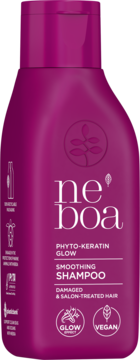 Wygładzający szampon Neboa Phyto-Keratin Glow w ciemnoróżowej butelce, do włosów zniszczonych, widok z przodu.