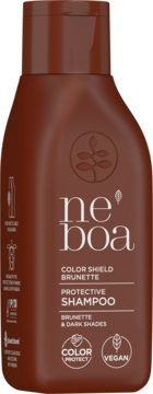 Brązowy szampon Neboa Color Shield Brunette chroniący kolor, widok z przodu, z brązową nakrętką i białym tekstem.