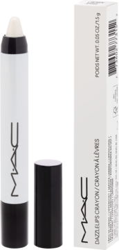 MAC Dazzlelips Crayon w białej kredce z czarną nasadką, obok białego opakowania produktu.