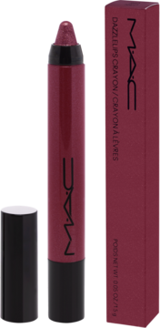 Ciemnobordowa kredka do ust MAC Dazzlelips Crayon z błyszczącą końcówką, obok otwarte wieczko i kartonik.