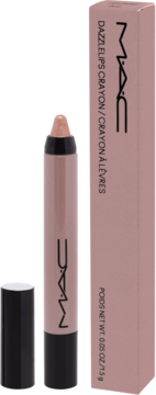 Light peach MAC Dazzlelips Crayon next to its light pink box, open to show the pointed tip.