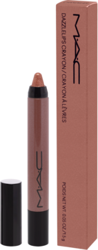 MAC Dazzlelips Crayon, brązowy z połyskującą końcówką, obok pudełko, widok z przodu.