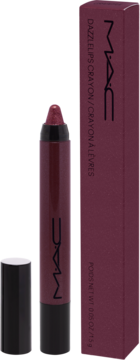 MAC Dazzlelips Crayon do ust w odcieniu śliwkowym, z brokatowym sztyftem, obok jego opakowanie.