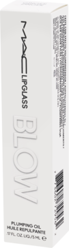 Białe opakowanie MAC Lipglass Blow Plumping Oil, widok z przodu i boku, z reliefowym napisem.