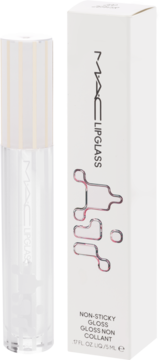 MAC Lipglass: przezroczysty błyszczyk non-sticky w tubce i jego białe opakowanie, widok z przodu.