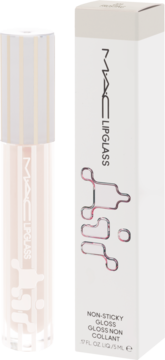 MAC Lipglass, przezroczysty błyszczyk non-sticky w tubce z paskowanym wieczkiem, obok białego opakowania.