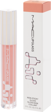 Brzoskwiniowy błyszczyk MAC Lipglass w przezroczystej tubce obok białego pudełka z łososiową górą i opisem non-sticky. Widok z przodu.