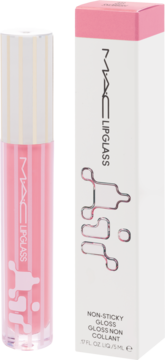 MAC Lipglass, różowy błyszczyk w transparentnej tubce i białe pudełko z napisem non-sticky gloss, widok z przodu.