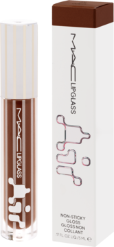 MAC Lipglass, brązowy, nieklejący błyszczyk w przezroczystej tubce z białym paskowanym korkiem i pudełkiem.