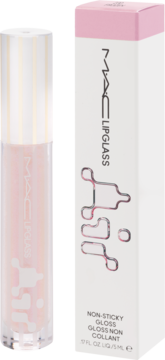 MAC Lipglass, nieklejący błyszczyk w przezroczystej tubce z jasnoróżową zawartością. Obok białe pudełko.