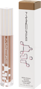 MAC Lipglass: brązowy błyszczyk w przezroczystej tubce z białym wieczkiem, obok białe opakowanie NON-STICKY GLOSS.