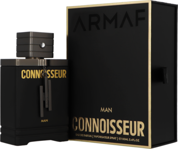 Armaf Connoisseur Man woda perfumowana: czarna butelka ze złotymi napisami obok czarnego pudełka, widok z przodu.