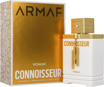 Armaf Connoisseur Woman woda perfumowana, biała butelka ze złotym korkiem i napisem, obok złoto-białe pudełko.