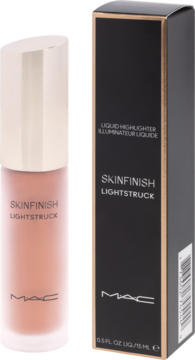 MAC Skinfinish Lightstruck, rozświetlacz w płynie, miedziana butelka i czarne opakowanie kartonowe, widok z przodu.