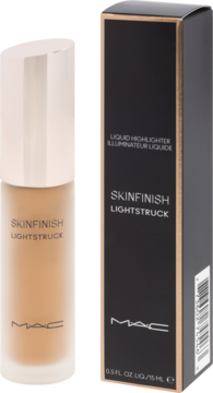 MAC Skinfinish Lightstruck płynny rozświetlacz, butelka z matowego szkła obok czarnego pudełka, widok z przodu.