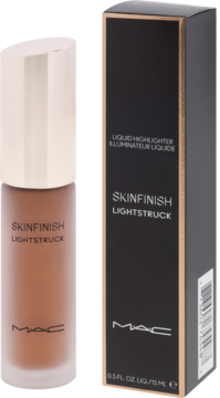 MAC Skinfinish Lightstruck płynny rozświetlacz, brązowa butelka ze złotą nakrętką i czarne pudełko, widok z przodu.