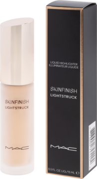 MAC Skinfinish Lightstruck płynny rozświetlacz w butelce z matowego szkła i złotą nakrętką, obok czarnego pudełka.