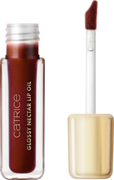 Catrice Glossy Nectar Lip Oil w brązowym odcieniu, butelka i aplikator z złotą zakrętką, widok z przodu.