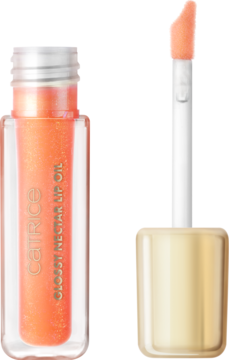 Catrice Glossy Nectar Lip Oil, błyszczący olejek do ust w brzoskwiniowym kolorze z brokatem, aplikator obok butelki.